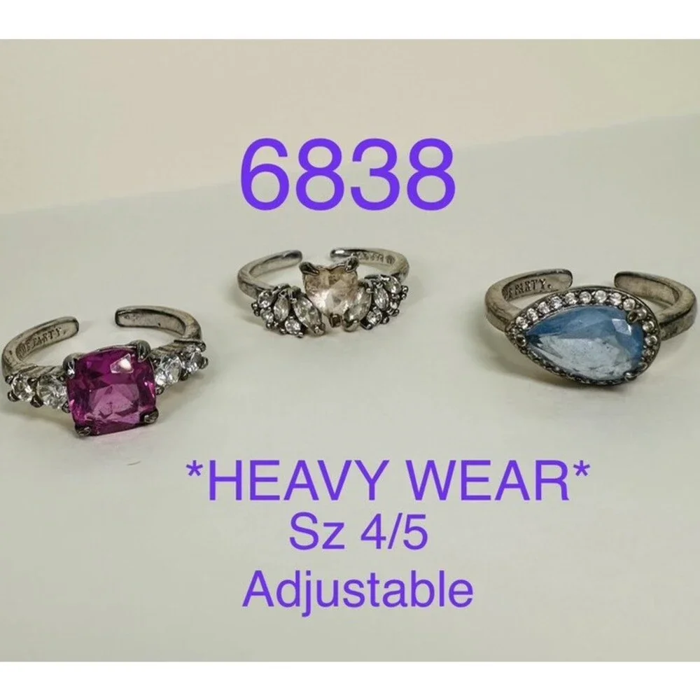 Bomb Party 3Pc Adjustable Ring Lot Size 4/5 Pink Blue Rhodium Heavy Wear